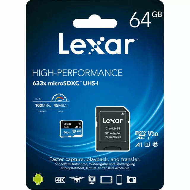 Lexar 64GB MicroSDHC MicroSD A1 Class 10 UHS-I High-Performance 633x 100MB/s