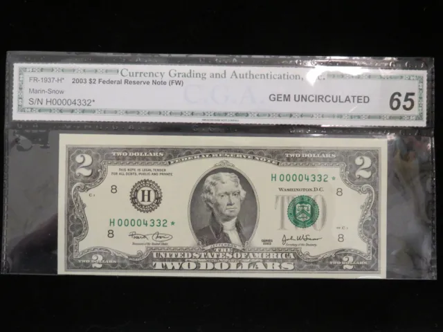 2003 Two Dollar Federal Reserve Star Note Low Serial Number CGA Gem Unc 65 BC001