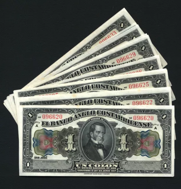 Costa Rica  1917  1 Colon  Banknotes Crisp Uncirculated, Group Lot Of (16)