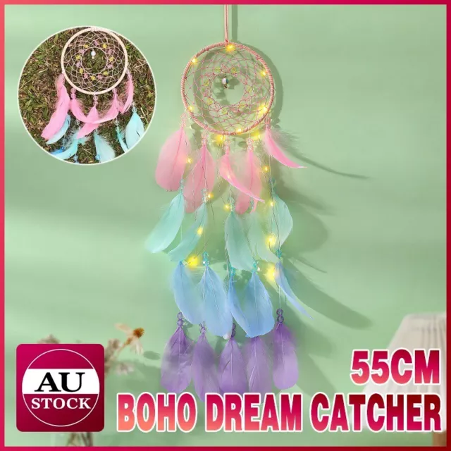 Boho Style Feather Dream Catcher LED Light Girls Bedroom Wall Hanging Decor AU