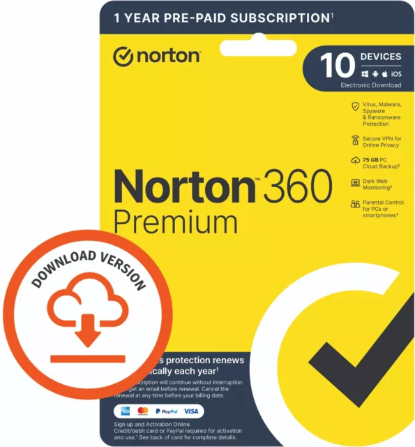 Norton 360 Premium Antivirus 2024 VPN 10 dispositivi 1 anno stesso giorno codice istantaneo