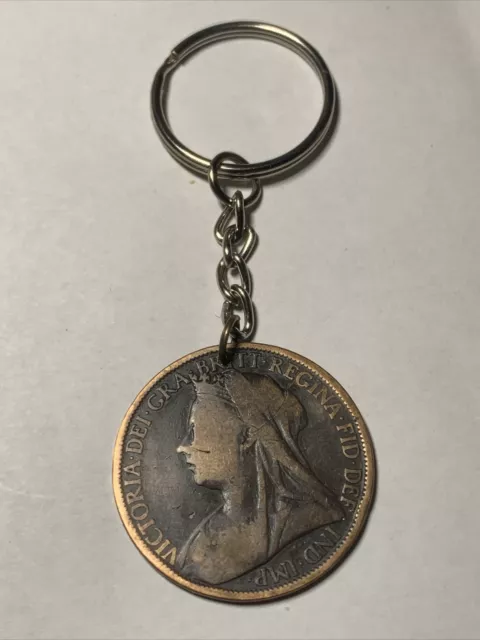 1899 UK 1 Penny Coin Keychain Queen Victoria Antique Circulated Polished Coin