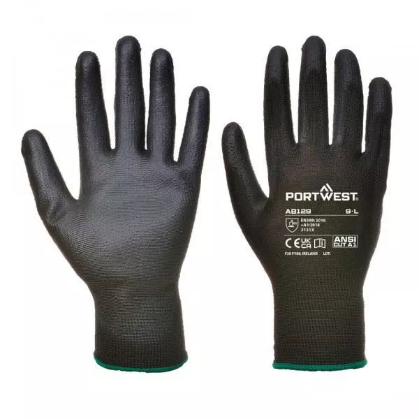 Portwest (Pk12) Black Pu Palm Glove L AB129BKRL