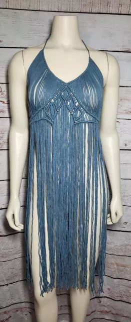 Light blue macrame Festival dress accented with sliver beads with back  ties