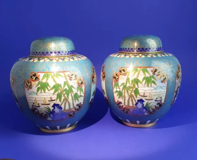 (K10) 2 schöne China Emaille Cloisonne Deckel Vasen Paar Blau H:22cm