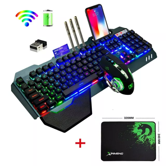 Rechargeable Wireless Gaming Keyboard Mouse and Mice Pad LED Backlit Keypads UK