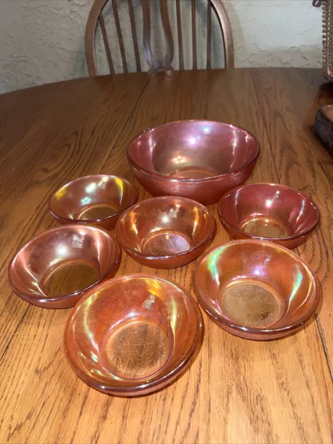 Marigold Carnival Glass Bowl Set By Jeanette  Glass Crackle Pattern