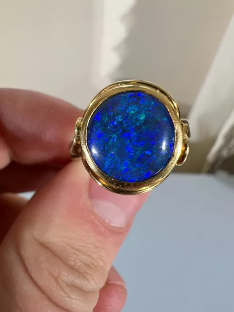 Hallmarked 18ct Yellow Gold Solid Black Opal Solitaire Ring Size Q 18k