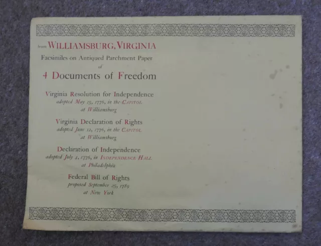 Williamsburg, Virginia Facsimiles on Antiqued Parchment Paper of 4 Documents