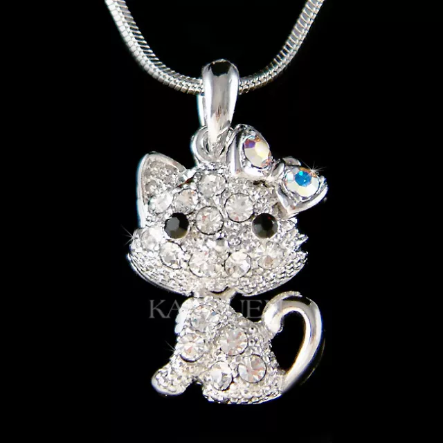 ~Cute movable Kitty Cat~ Kitten made with Swarovski Crystal Charm Chain Necklace