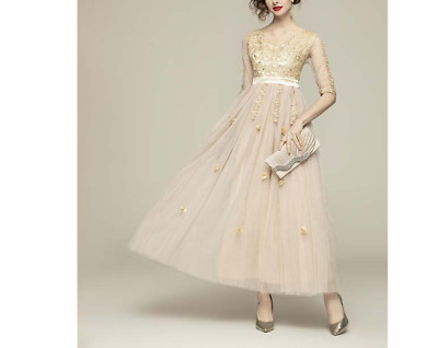 Vicky & Lucas Champagne Embroidered Tulle 3/4 Sleeve Special Occasion Dress Sz M