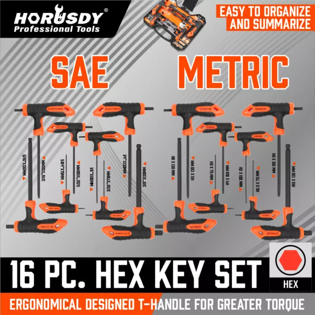 HORUSDY 16PC T Handle Allen Wrench Ball End Hex Key Set Metric SAE W/ Storage