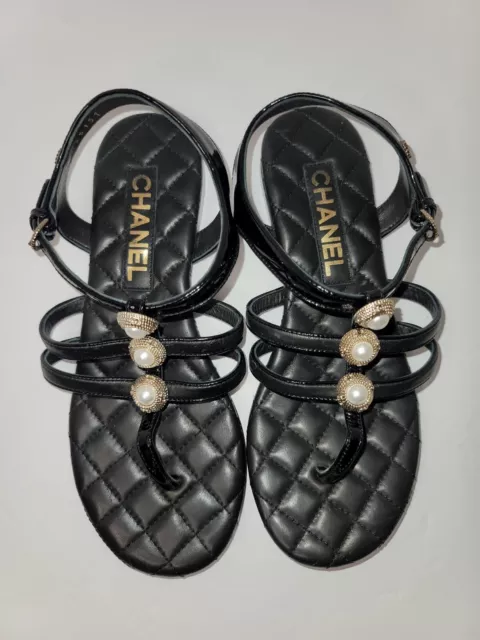 New $1050 19P Chanel Black Leather Pearl Silver Stars Thongs Flats Sandals 36