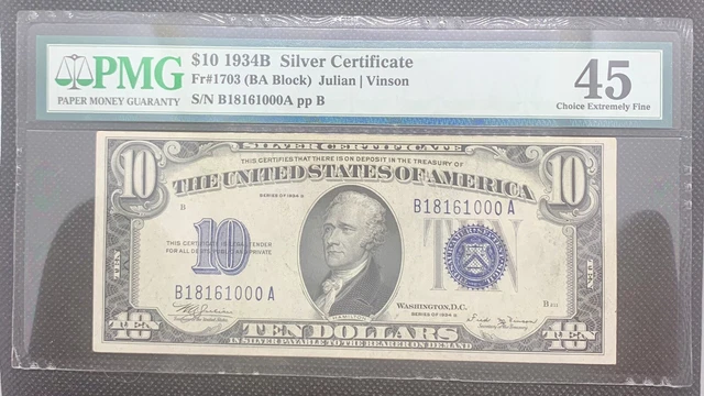 $10 SERIES 1934B SILVER CERTIFICATE Fr# 1703 PMG 45 CHOCE XF