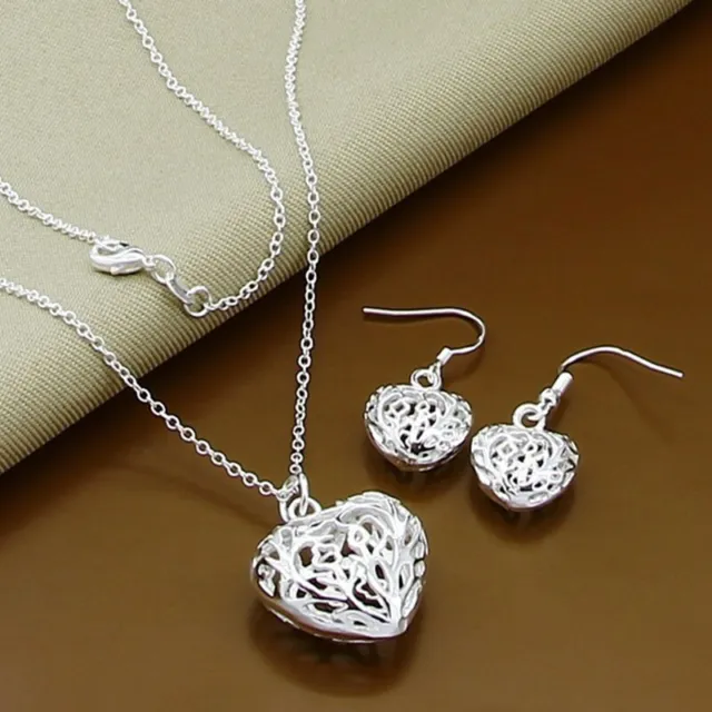 Women 925 Sterling Silver Filled Heart Drop Earrings Necklace Pendant Chain Set