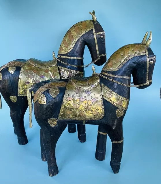 2 Hand-Carved Wood Horses With Brass & Copper Inlay