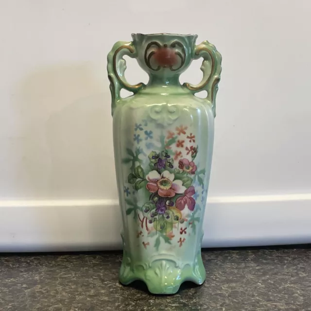 Vintage CZECHOSLOVAKIA Double Handle Green/Gold~ Floral~#13~Porcelain Vase Urn
