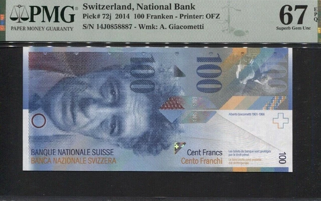 SWITZERLAND, NATIONAL BANK 2014 100 FRANKEN, PMG-67 EPQ, P-72j