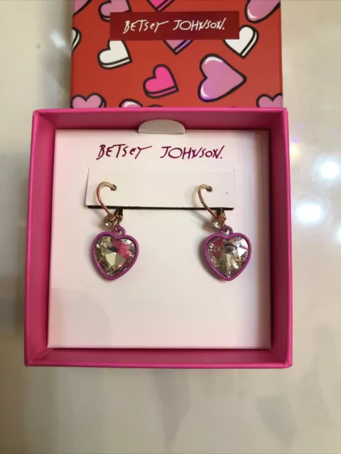 Betsey Johnson Gold Tone Pink Heart Drop Earrings Crystal Accents NIB
