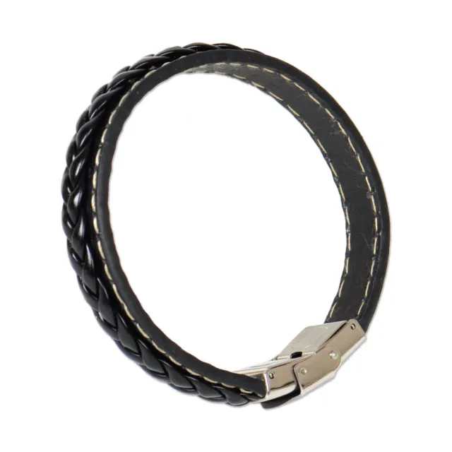 Men's Black Leather Wristband Braided Bracelet Stainless Steel Clasp Bangle Nm