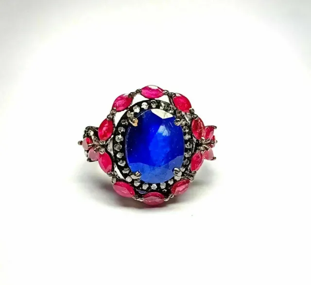 Natural Sapphire & Ruby Gemstone Ring,Pave Diamond Ring,925 Sterling Silver Ring