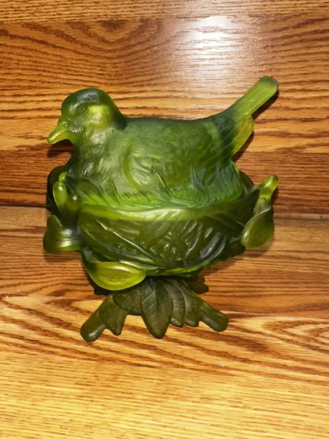 Vintage WESTMORELAND Glass Frosted Satin Green Footed BIRD on NEST Candy Dish