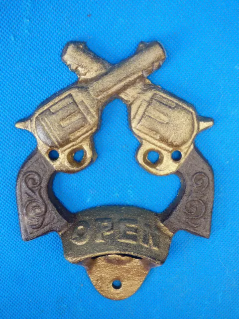 Guns Western Cast Iron Beer Soda Bottle Opener Brown Gold With Screws Bar NEW