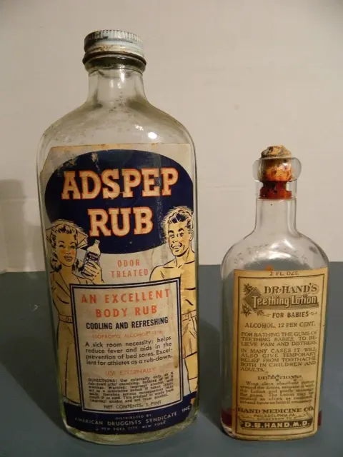 Vintage Medicine Pharmacy Bottles 1920s - 40s w/ labels Teething syrup Body rub