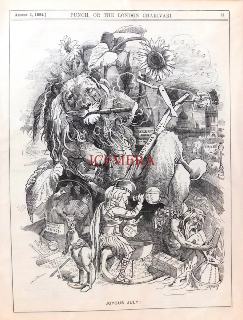 'JOYOUS JULY', Antique 1884 Linley Sambourne PUNCH Cartoon Print : 658-38