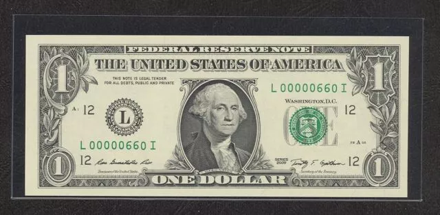 2009 $1 Dollar Bill LOW Fancy Serial Number L 00000660 I (3 DIGIT SERIAL NUMBER)