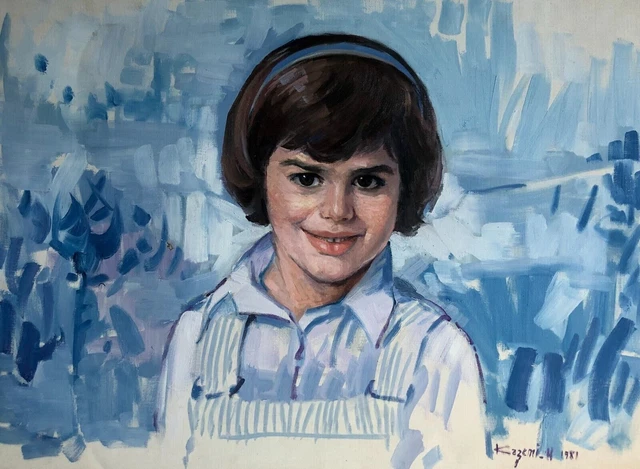 Pintura Firmada Hossein Kazemi, Retrato de una niña, Óleo sobre lienzo,...