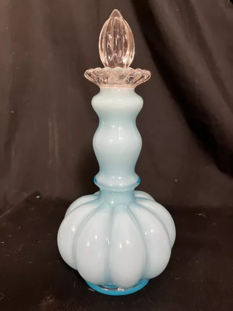 Fenton Blue Cased Glass Melon Perfume Bottle Silver Crest With Stopper 7.5"