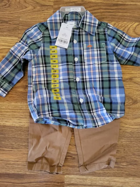 Carters Toddler Boy 2 Pc Blue Plaid Long Sleeve Button Up Shirt Tan Pant 6 month