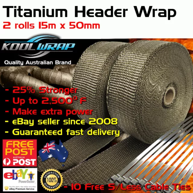 2 X ROLLS TITANIUM EXHAUST HEAT HEADER WRAP 2000F 50mm X 15m STAINLESS TIES