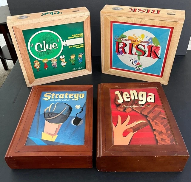 Lot 4 Vintage / Nostalgia Wood Case Games STRATEGO JENGA  CLUE RISK Parker Bros 
