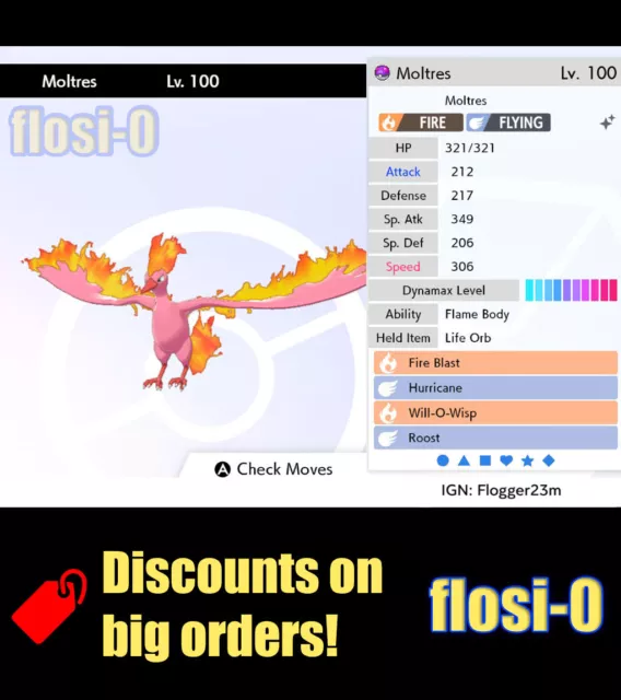 Pokemon Sword and Shield Shiny Moltres 6IV-EV Trained