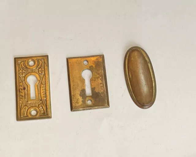 3 Antique Brass Eastlake Design Keyhole Cover Escutcheon Vintage Lot