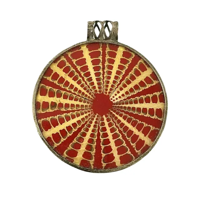 Mandala Sterling Silver Pendant Yellow Red Round Sacred Geometry Sundial Medal