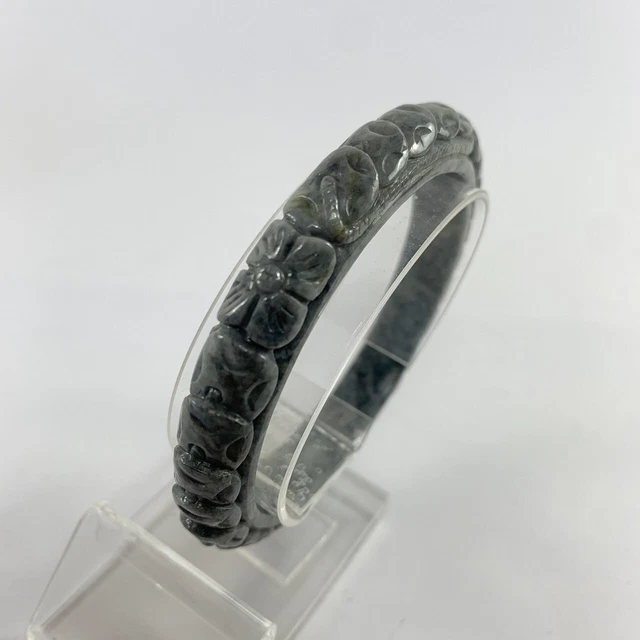 Genuine Jade Natural 58mm Hand Carved Flowers Jadeite Bangle Gray Grade A Burma