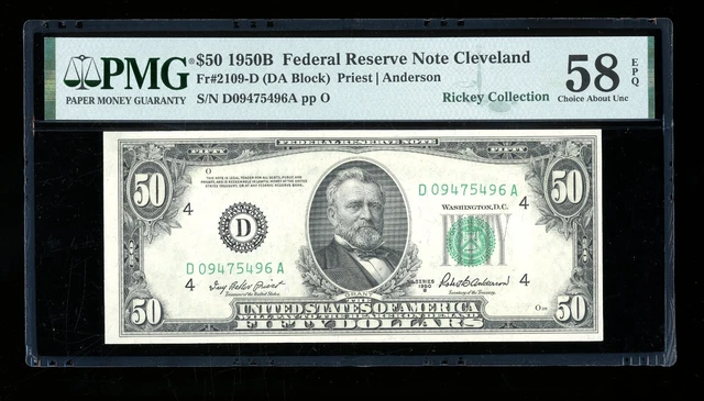 DBR 1950-B $50 FRN Cleveland Fr. 2109-D PMG 58 EPQ Serial D09475496A