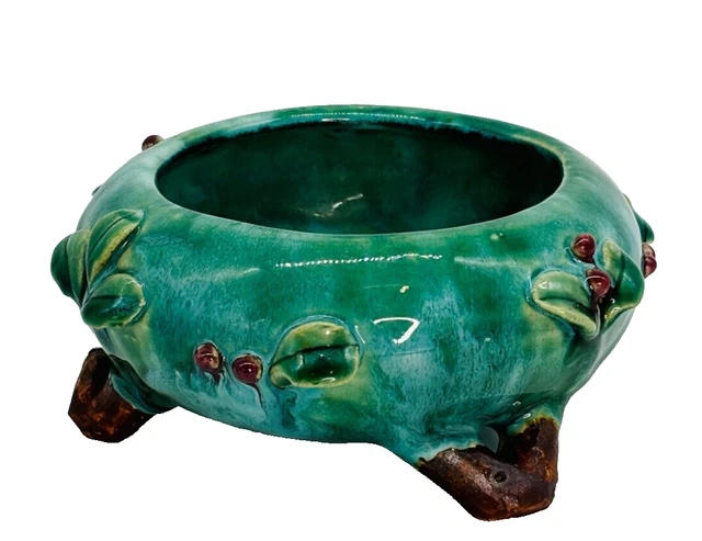 MCM Pottery Bowl with Holly and Berries Drip & Majolica Glaze Green Red