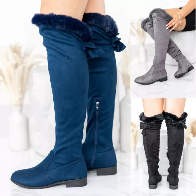 Ladies Low Heel Over The Knee High Boots Womens Flat Fashion Zip Fur Bow Size Uk