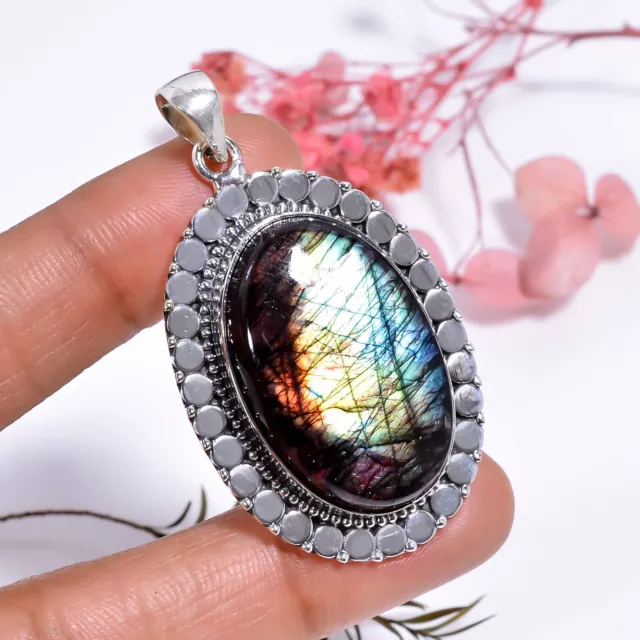 Labradorite Gemstone Vintage Handmade 925 Silver Plated Pendant 1.9" GSR-8579