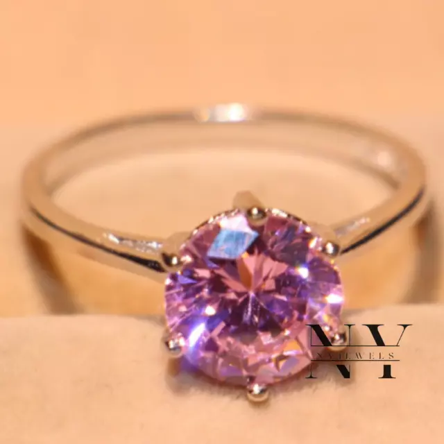 Pink Simulated Diamond Solitaire Engagement Ring 1.50Ct Round Cut 14K White Gold