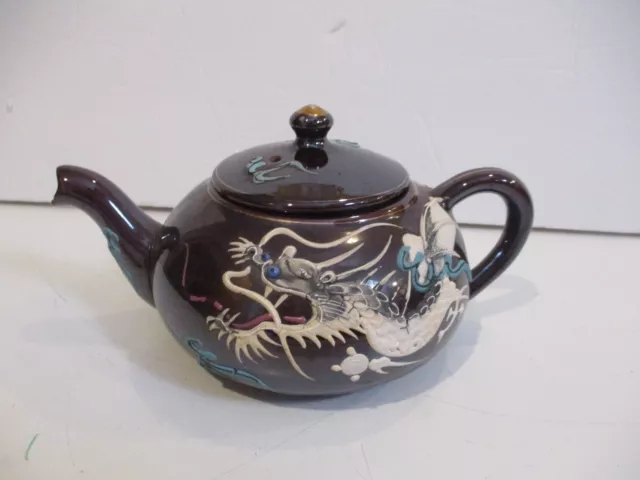 Vintage Kutani Dragon Tea Pot  Moriage Hand Painted White on Dark Brown