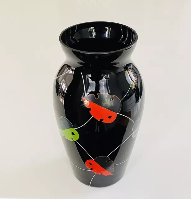 50 er Jahre Schwarze Glas  Vase Hyalithglas Schwarzglas Emaillebemalung