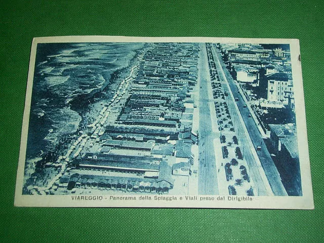 Cartolina Viareggio - Panorama della Spiaggia e Viali preso dal Dirigibile 1928