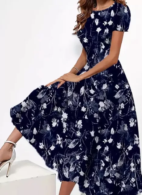 Floral Crew Neck Dress: Elegant style for spring & summer Navy Blue 18