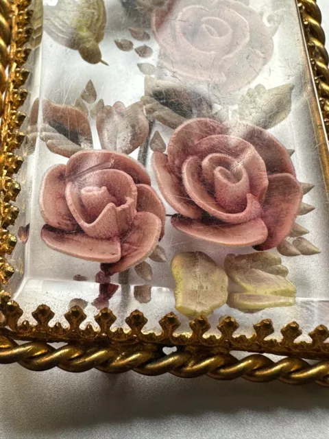 Splendido Francese Lucite Spilla,Reverse-Carved Rose, Foglie, Bird Colorato W 3