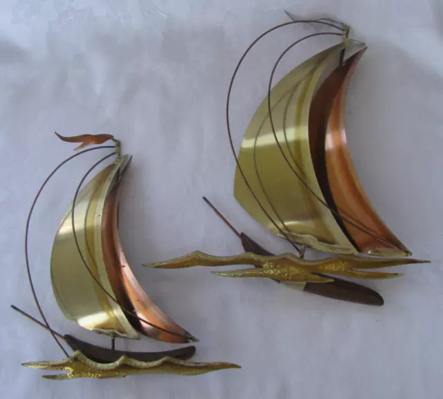 Vintage Home Interior Brass Metal Sail Boat Wall Accents Nautical Wall Art Set 2